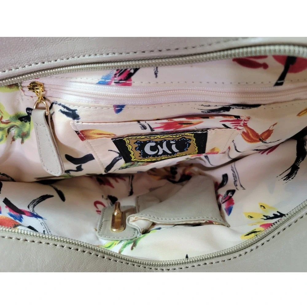 Chi‎ Snake Collage Satchel Bag Taupe Leather Patent Whipstitch Shoulder Bag
